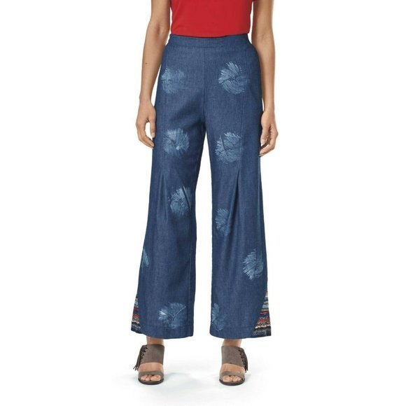 New The Pyramid Collection M Chambray Tribal Inset Brushstroke‎ Wide Leg Pants